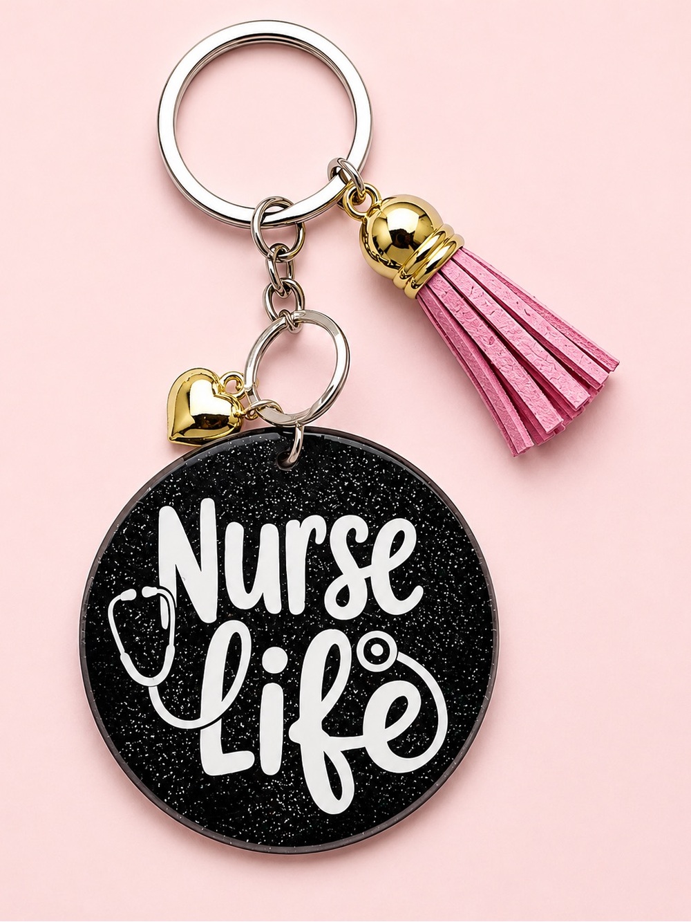 Nurse Life Black Glitter Keychain with Pink Tassel